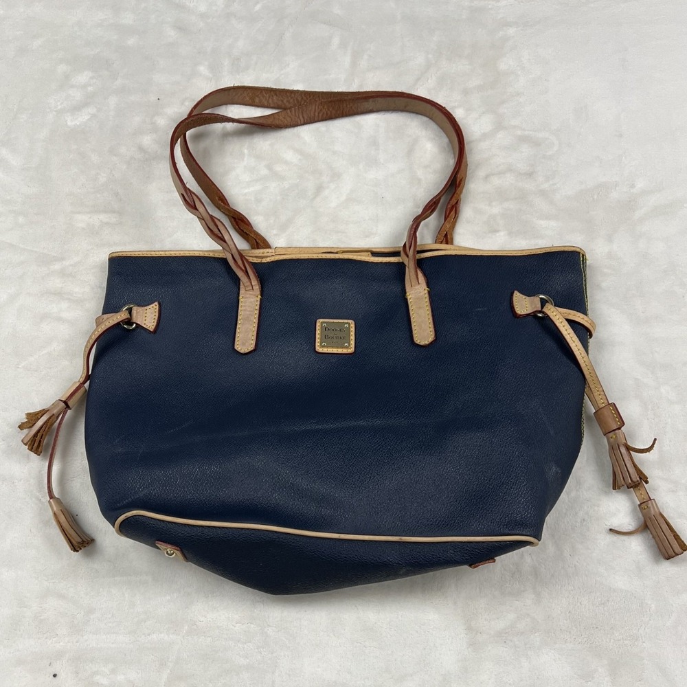 Dooney & Bourke Tote Bag Womens Large Navy Blue Pebbled Leather Tassel C4